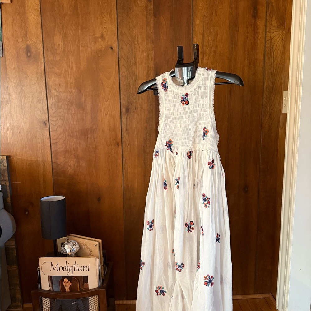 Urban Outfitters White Smocked Maxi Dress with Navy and Orange Floral Embroidery